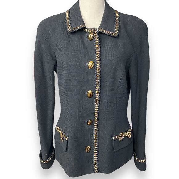 Vintage Rickie Freeman for TeriJon Black Wool Blazer w/ Animal Print Trim Sz 12 - Picture 2 of 10